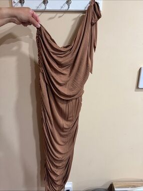 MAJORELLE One-Shoulder Draped Dress in Chestnut Brown